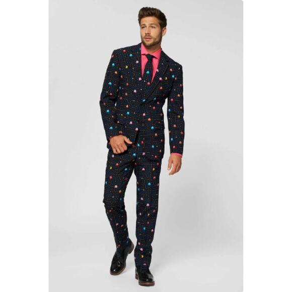 OppoSuits Pac Man Suit Mens US 44 EU 54 Black Maze Print Jacket Pants 2 Piece - Picture 1 of 16